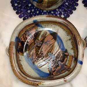 Beautiful collection of handmade studio art pottery dish with handles.
